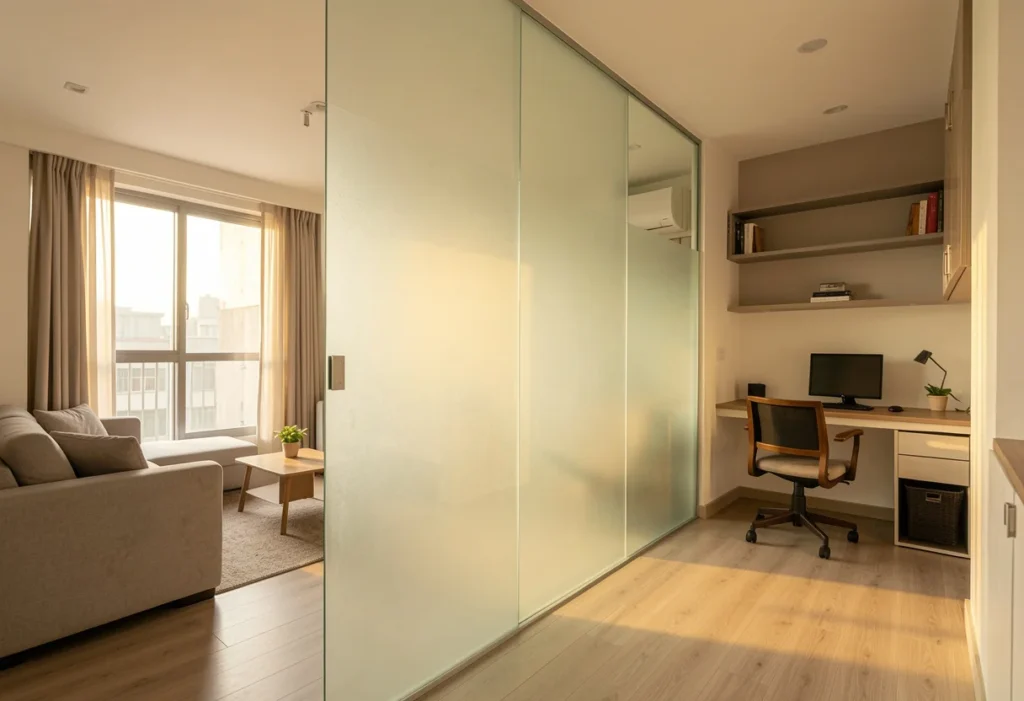 frosted glass partition dividing living and study space in modern Bangalore apartment interior