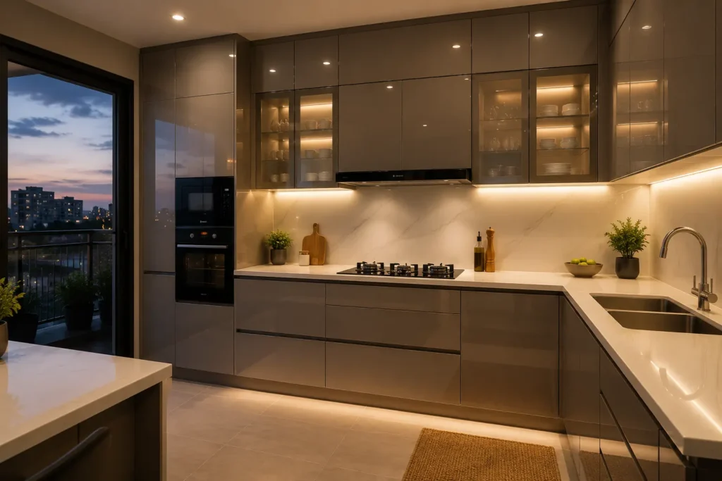 Grey lacquered glass texture on modular kitchen cabinet shutters in a Bangalore apartment interior