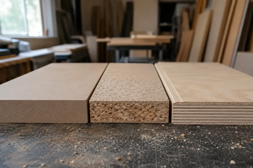 MDF board vs particle board vs plywood cross-section comparison for Bangalore home furniture