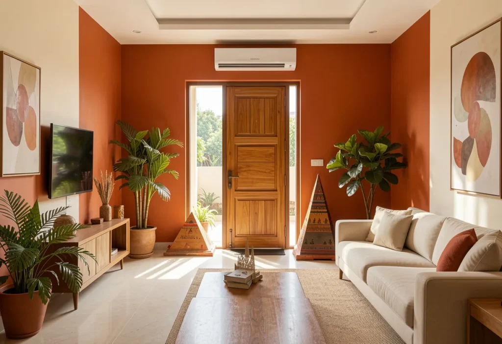 South facing house vastu interior design with warm colours and main door remedy by Blue Interiors Bangalore