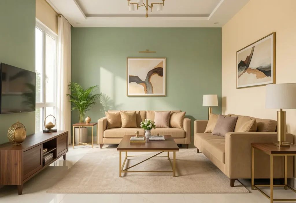 Vastu colours for home luxurious Bangalore living room with direction-based soft sage green and warm cream walls