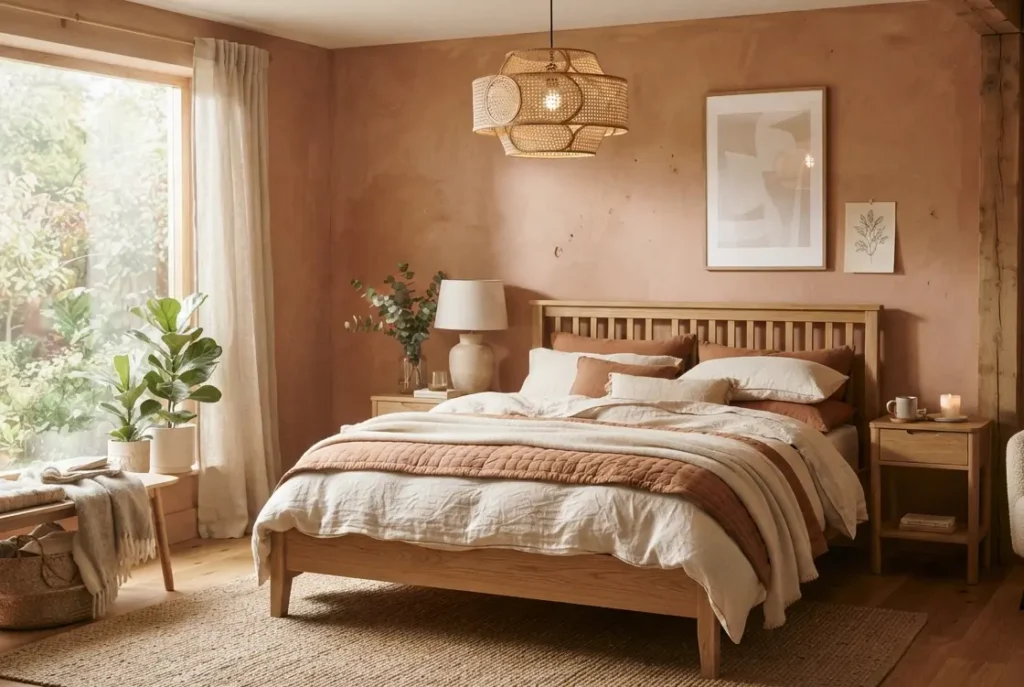 Warm bedroom colour ideas with terracotta walls, wood furniture and layered textiles
