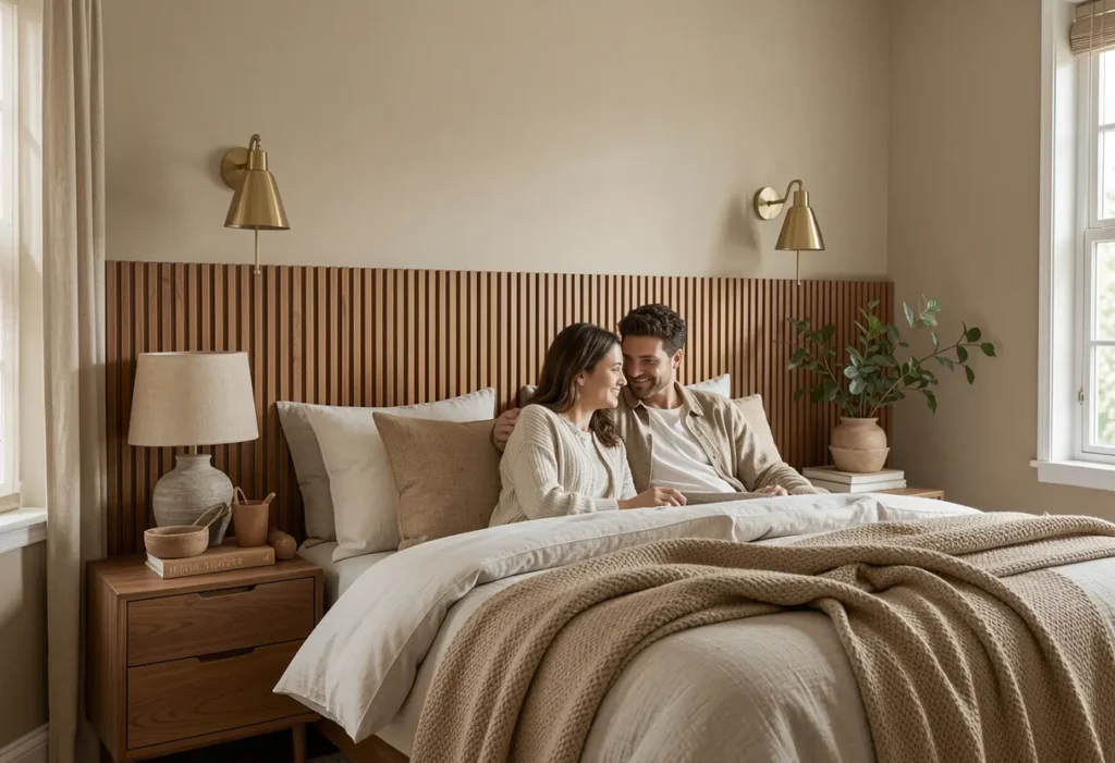 Warm textured master bedroom designed for a couple with two aesthetics blended, Bangalore home