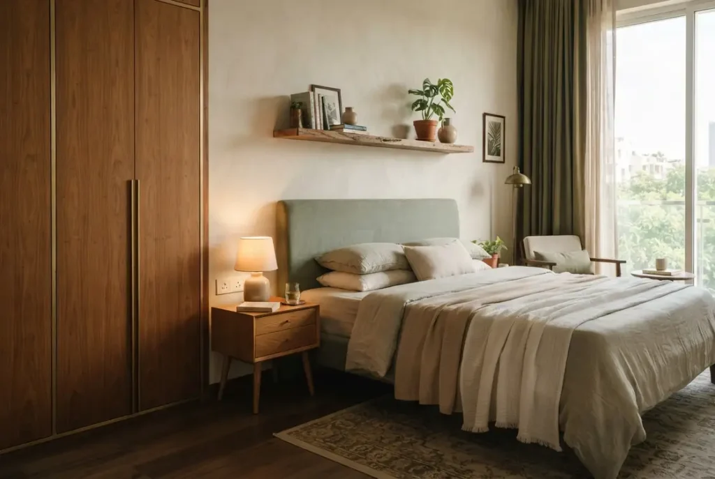 Bedroom interior design ideas for a modern Bangalore apartment with wooden wardrobe and warm lighting