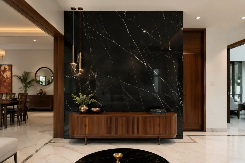 black and marble combination luxury interior Bangalore home