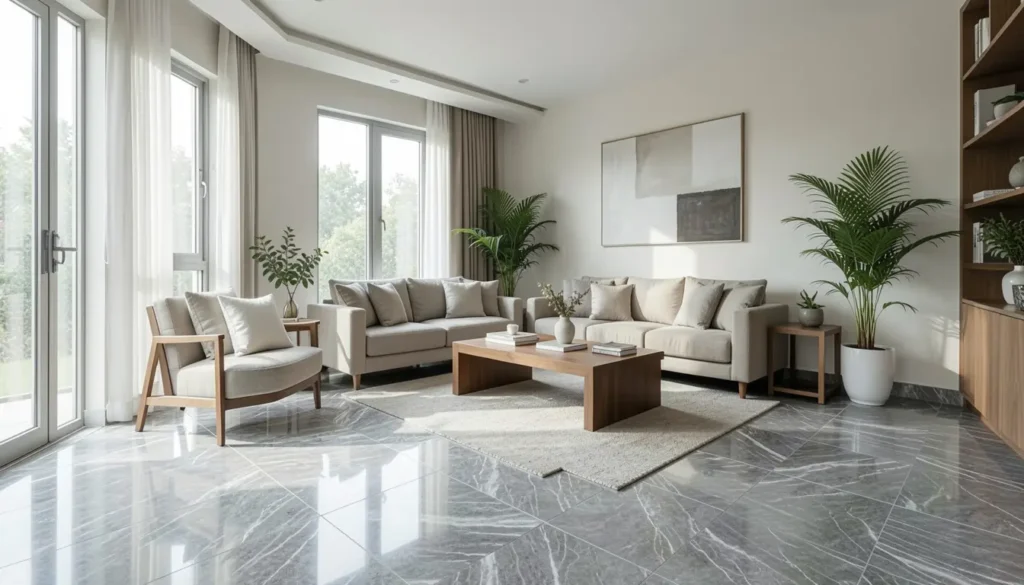 Premium drawing room floor tiles design in a Bangalore living room