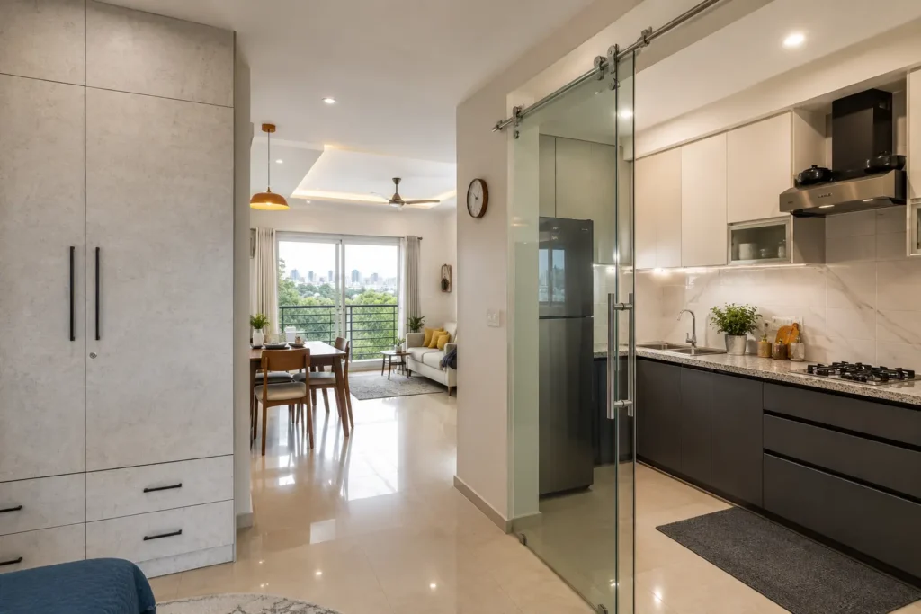Interior design materials guide showing MDF, granite, glass and steel in a Bangalore home