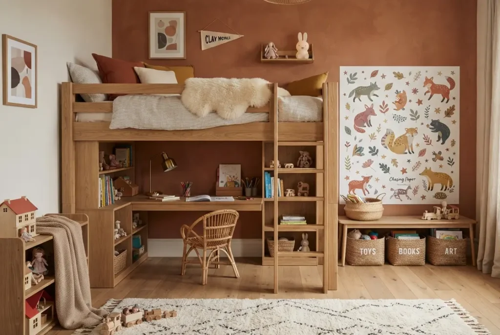 Warm neutral kids bedroom with sticker wall and loft bed in a Bangalore home
