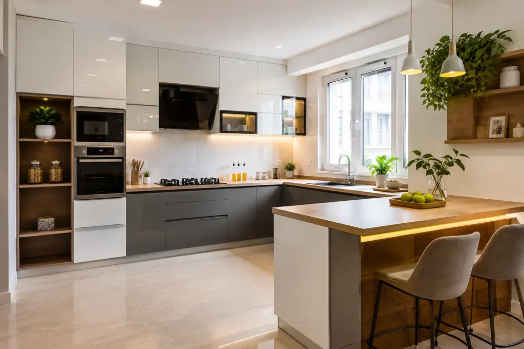modular kitchen colour combination India white and grey design