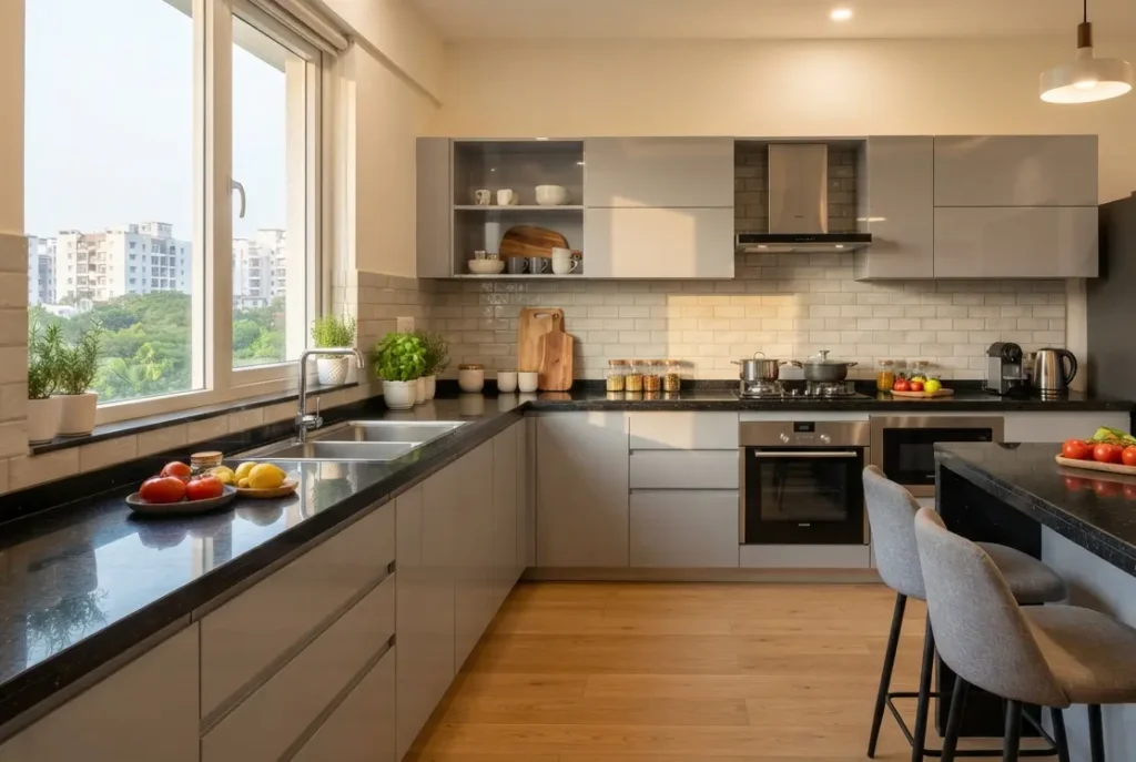 Modular kitchen cost in Bangalore 2026 — L-shaped kitchen with plywood carcass and acrylic shutters