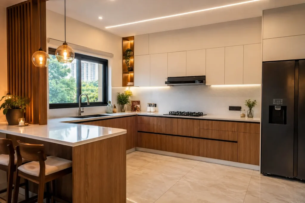 Modern modular kitchen design Bangalore with island layout and warm wood finish