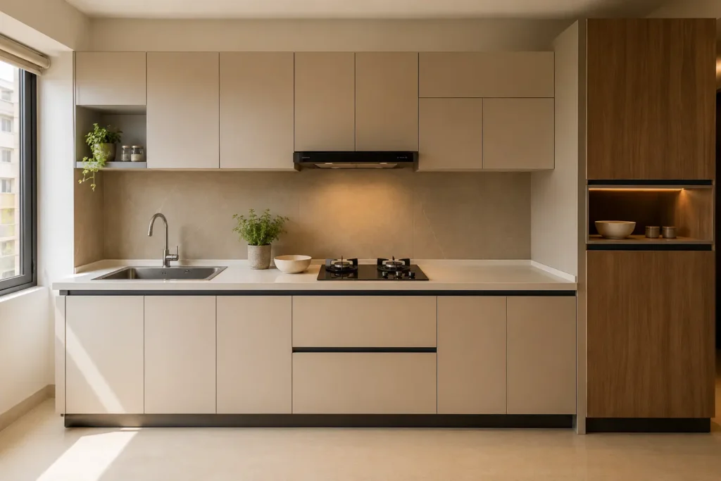 Modular kitchen design for small kitchen in a Bangalore 2BHK apartment