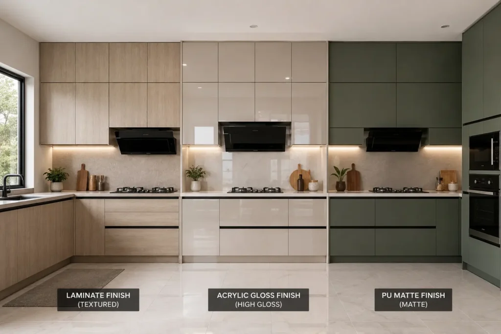 Comparison of modular kitchen shutter materials including laminate, acrylic and PU finish in a Bangalore kitchen