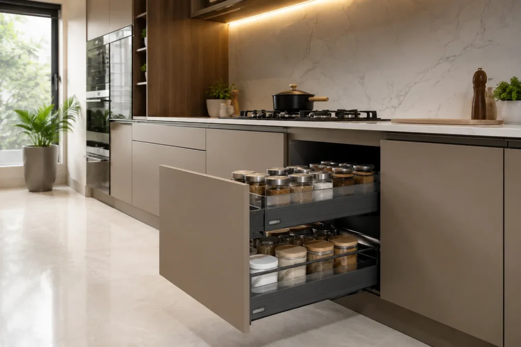 Modular kitchen storage fittings India including pull out drawers and corner units