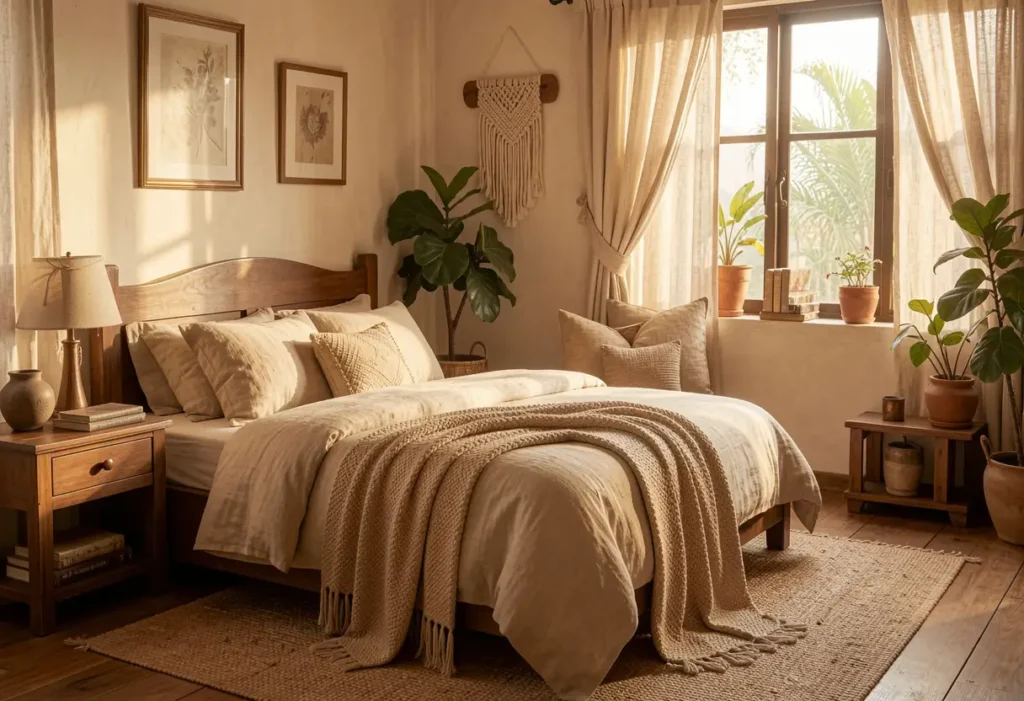 Rustic interior design bedroom with wood headboard and textured wall
