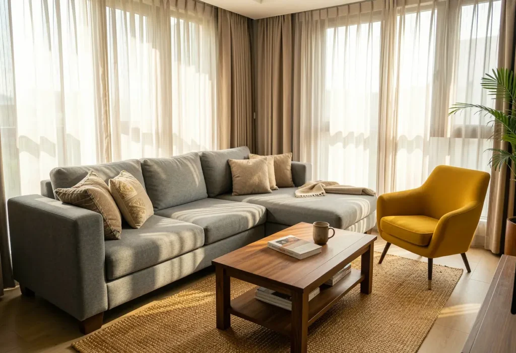 Grey sofa chairs for living room paired with an accent chair in a Bangalore apartment
