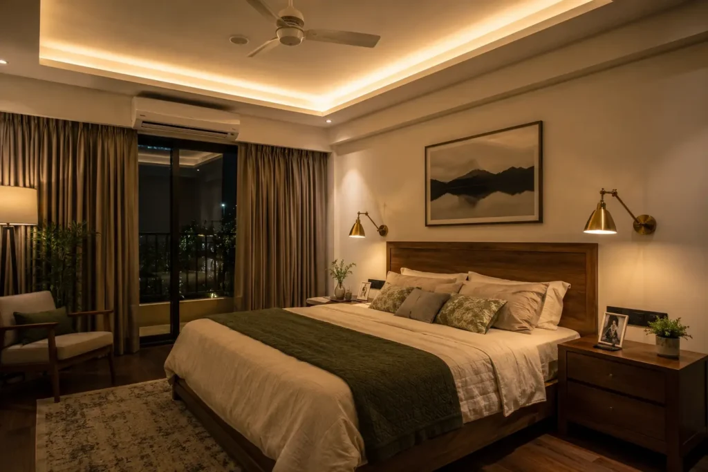 Wall lamps for bedroom flanking a wooden headboard in a Bangalore apartment