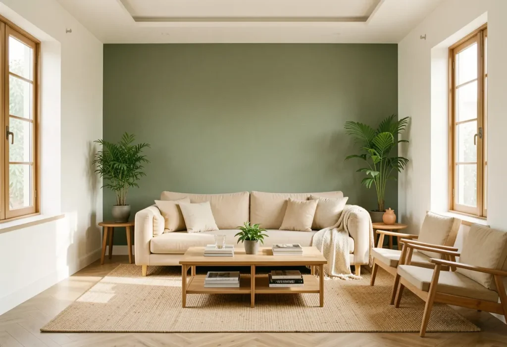 Freshly painted living room with sage green accent wall and natural light in a Bangalore apartment