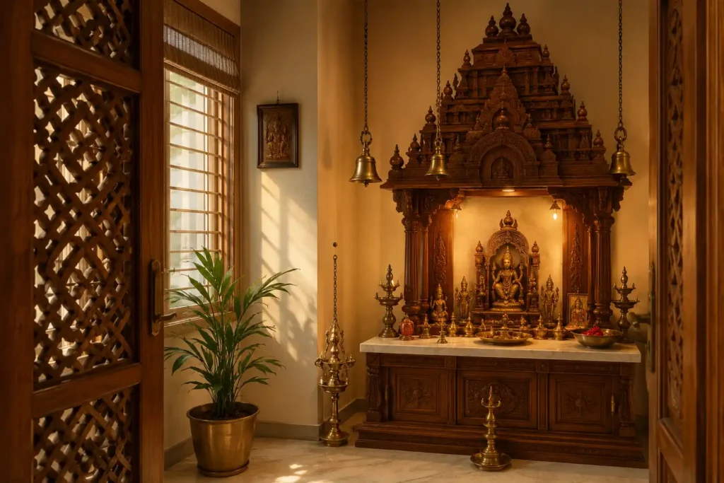 south indian traditional pooja room design with carved teak gopuram