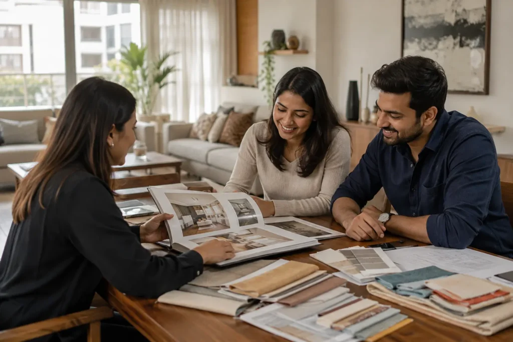 Homeowner reviewing interior design portfolio with a designer in Bangalore