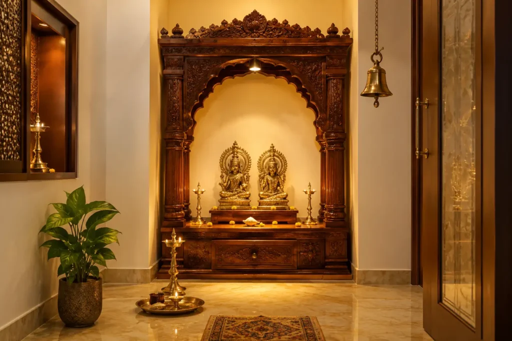 Indian style pooja room design with carved wooden mandir and brass idols
