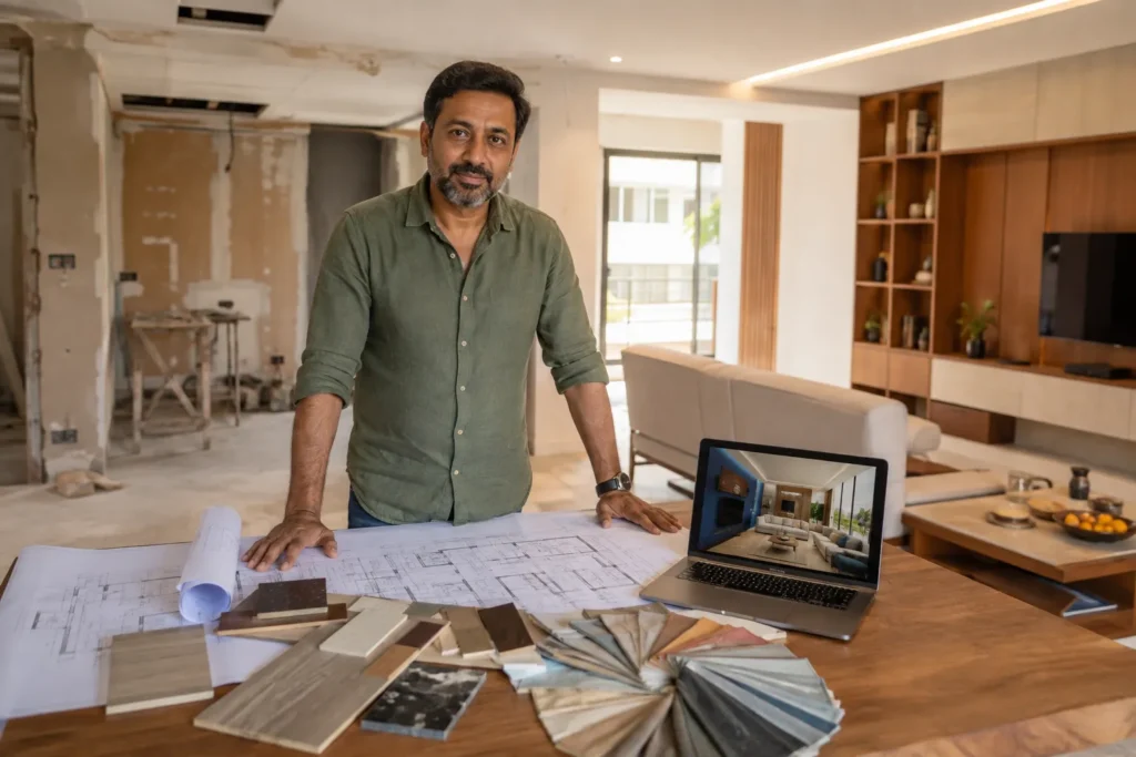 Interior designer reviewing 3D layout plans for a Bangalore apartment renovation