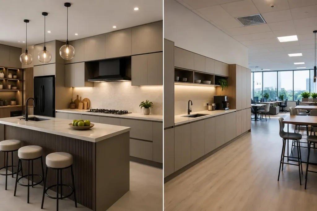 Modern modular kitchen and office workstation design comparison by Blue Interiors Bangalore
