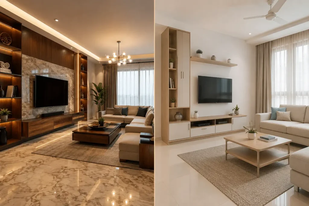 Split-view comparison of luxury and budget interior design styles in a Bangalore home