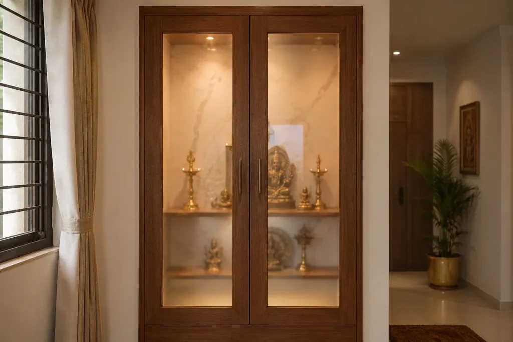 Modern pooja room glass door designs with frosted double doors in a Bangalore apartment