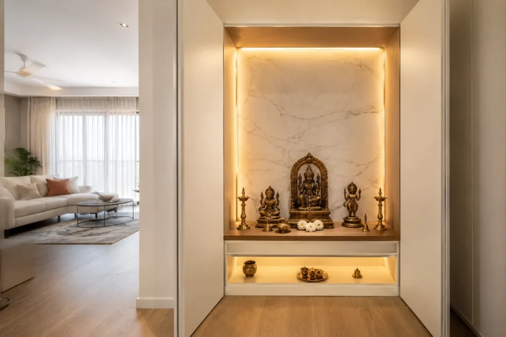 Modern pooja room design with wall-mounted niche integrated into an open-plan Bangalore living room