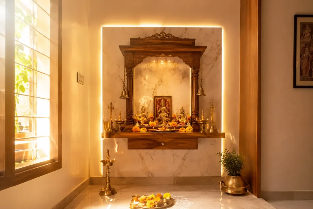 Modern pooja room design with backlit wooden mandir and marble backdrop