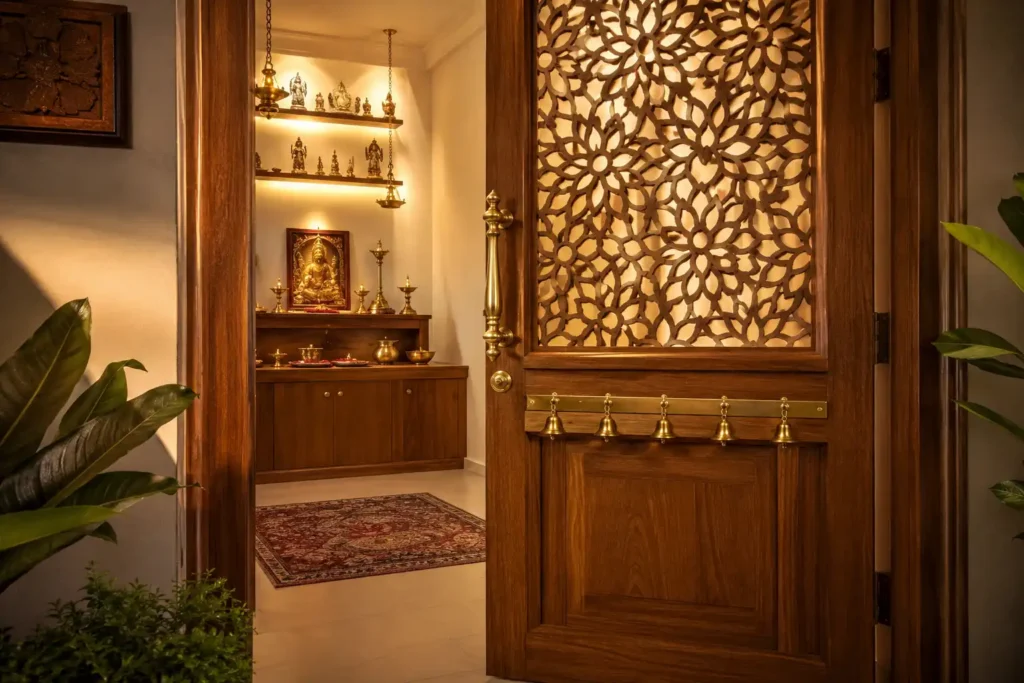 Pooja room door cnc design featuring teak jali panel and brass bells