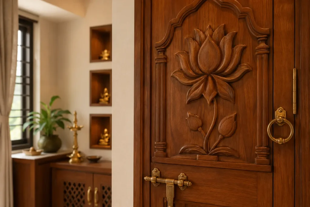 Carved teak pooja room door design with brass accents in a Bangalore home