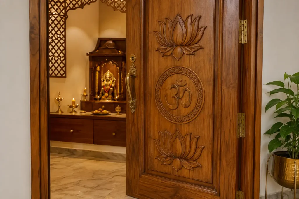 Carved solid teak pooja room door design in a warm toned Bangalore home