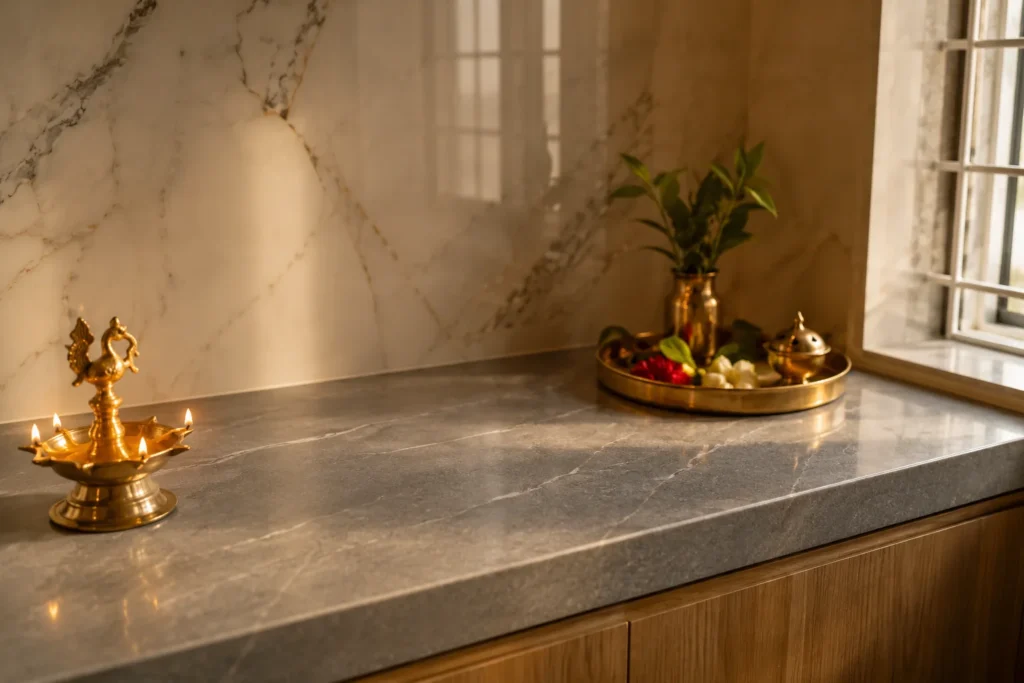 Steel Grey granite pooja room platform design in a Bangalore home