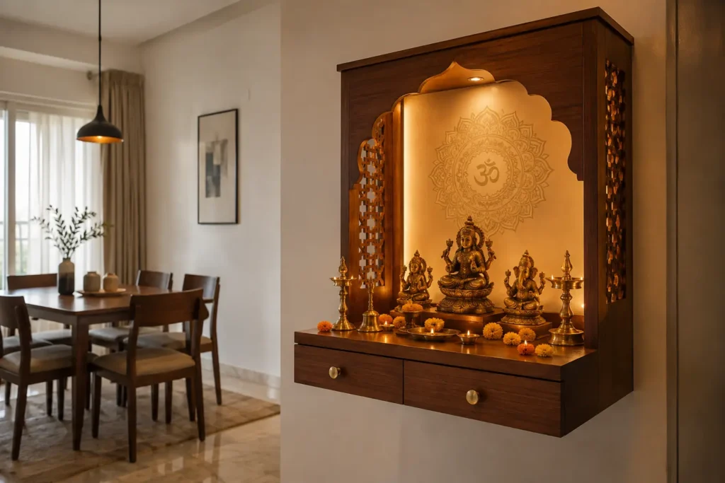 Small pooja room design in a Bangalore apartment with wall mounted wooden unit