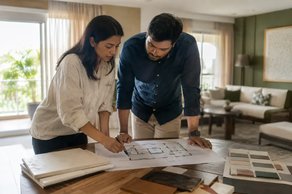 Apartments interior designers in Bangalore reviewing a floor plan in a modern flat