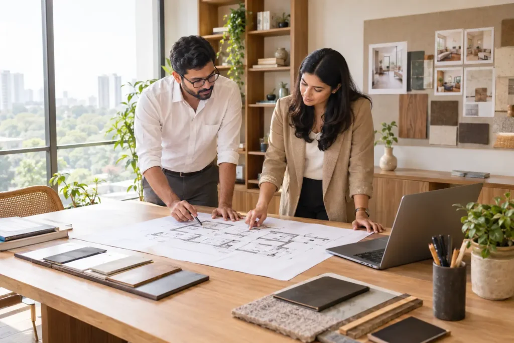 Architect and interior designer reviewing floor plan for Bangalore home project