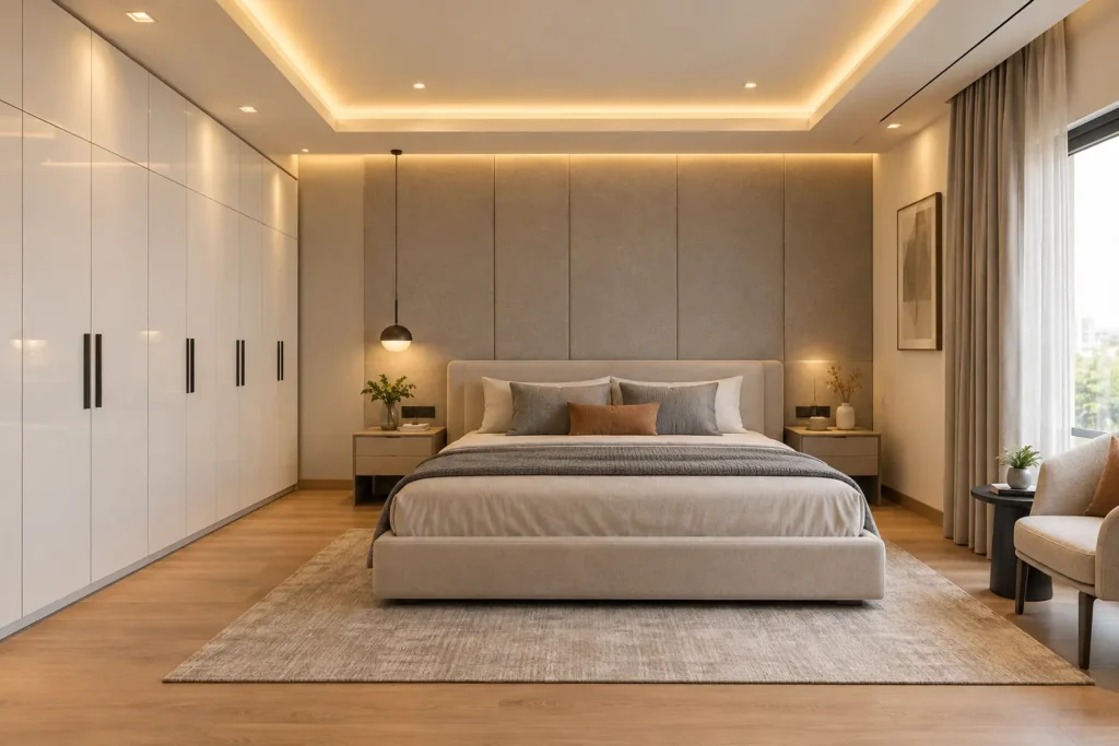 bedroom interior designer in Bangalore premium master bedroom wardrobe and false ceiling design