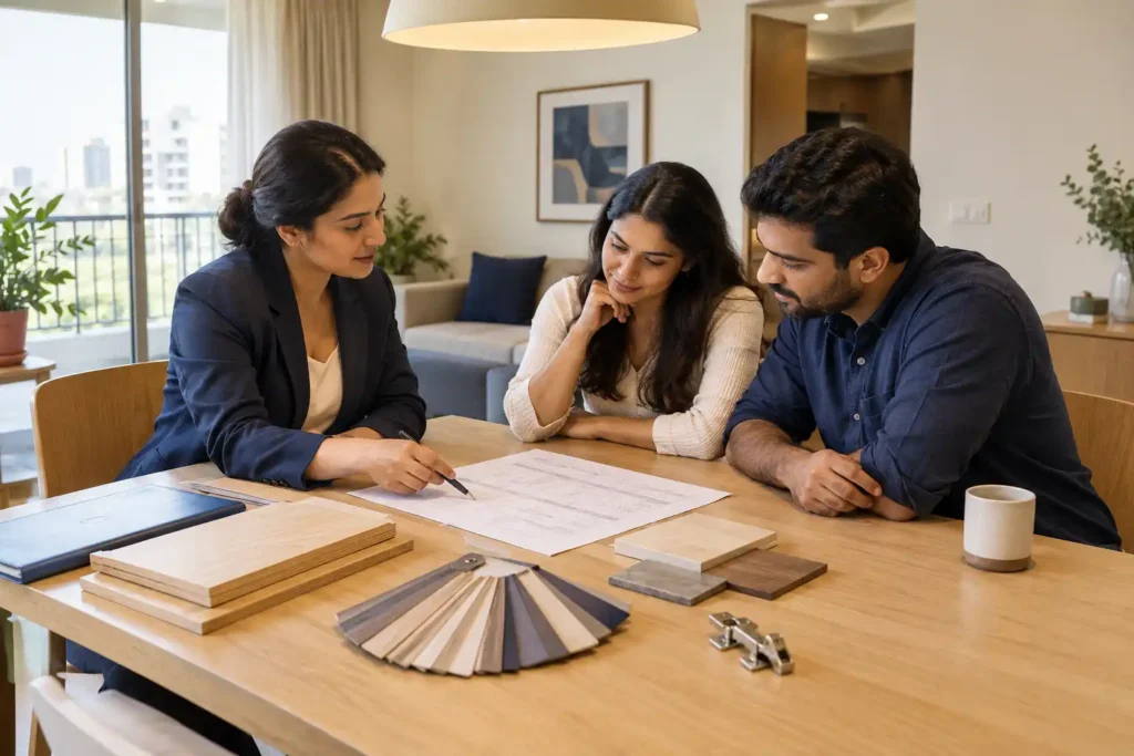 Best interior designers in Bangalore with price: homeowners reviewing a line-item quote beside plywood and hardware samples