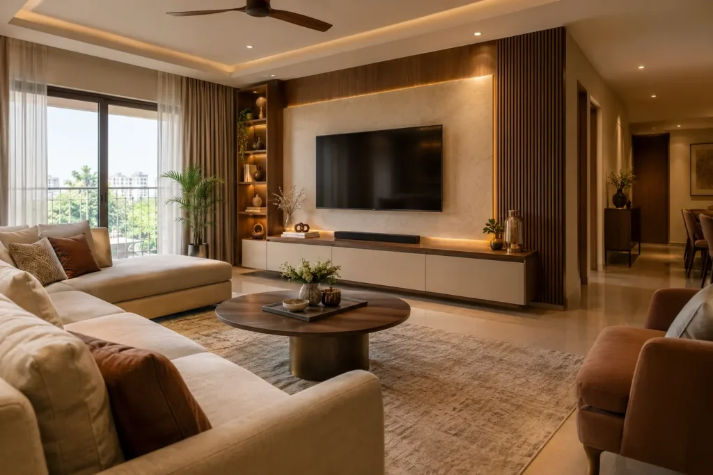Luxury living room completed by Blue Interiors Bangalore representing verified client quality and trust in interior design