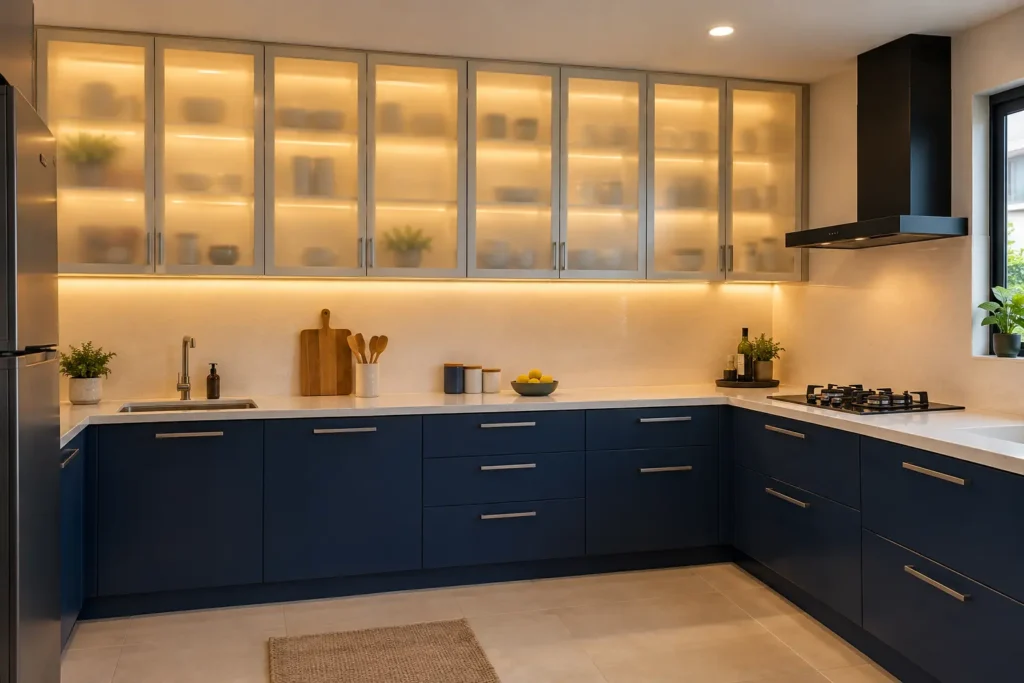 Frosted glass kitchen shutters with warm LED back-lighting in a modern Bangalore apartment modular kitchen