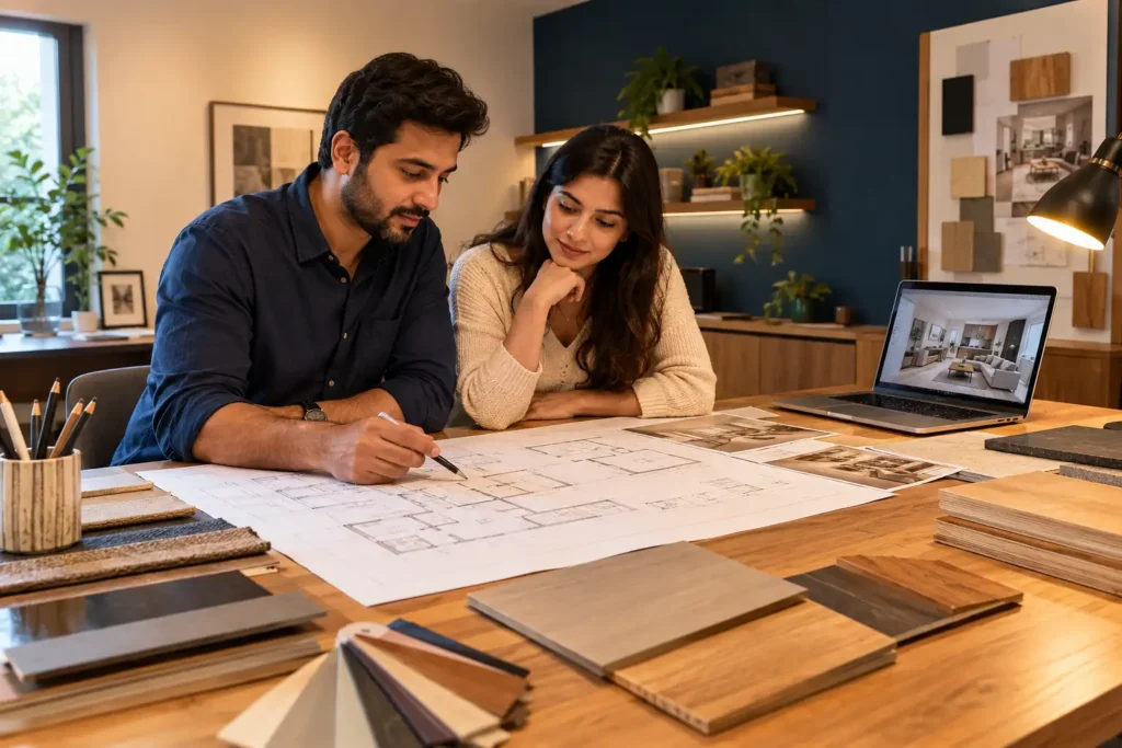 Interior design services in Bangalore — homeowner consultation with floor plans and material samples at Blue Interiors studio