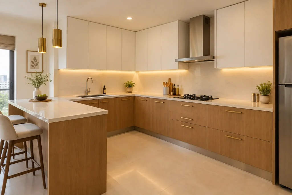 L-shaped modular kitchen interior design in Bangalore apartment with white matte laminate cabinets and quartz countertop