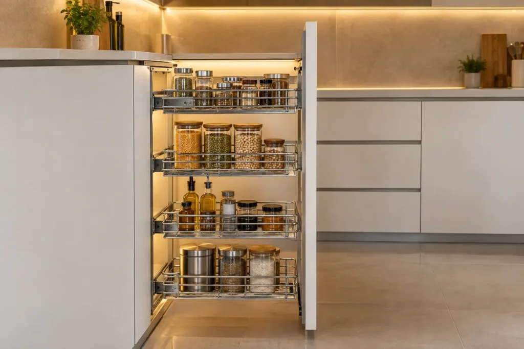 Kitchen trolley pull-out basket fully extended from white modular kitchen base cabinet showing stainless steel baskets and soft-close runners