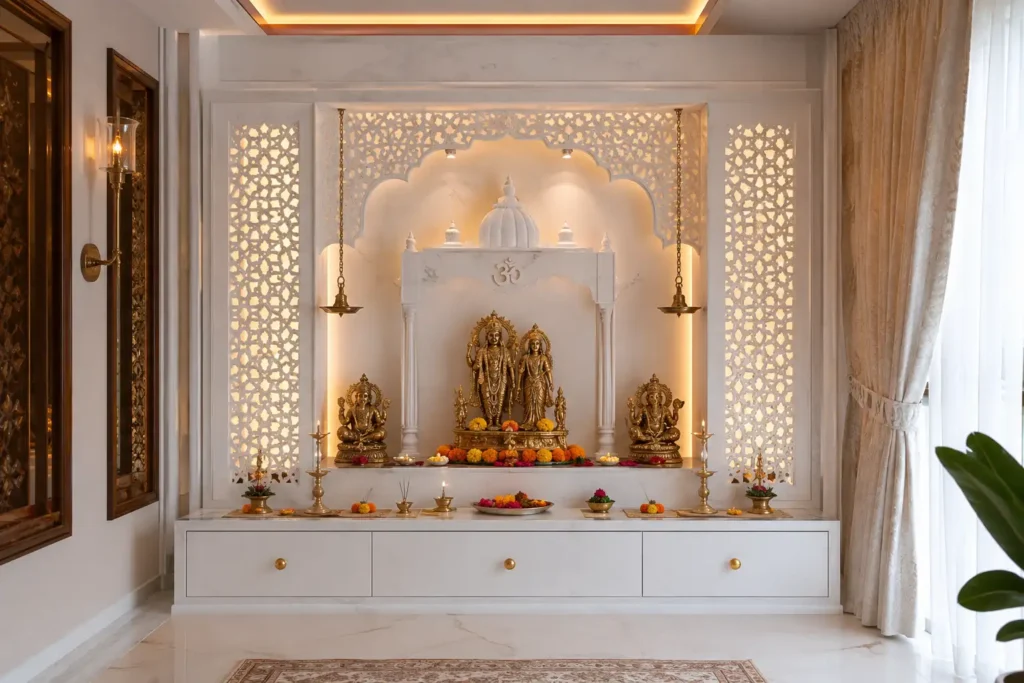 Marble pooja room design with backlit white marble mandir and brass idols in a Bangalore home