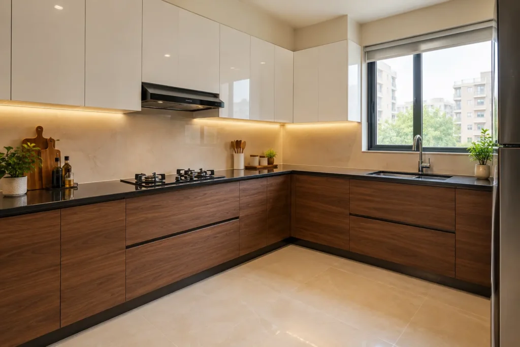 Premium modular kitchen design in Bangalore — L-shaped layout with quartz countertop and acrylic shutters