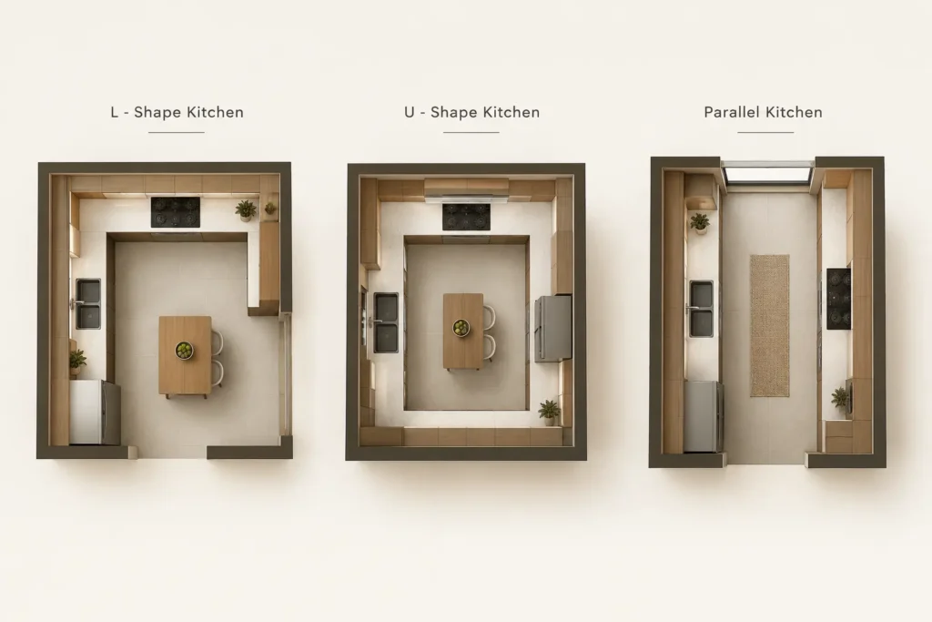 Modular kitchen design comparison — L-shape, U-shape and parallel layout for Indian homes