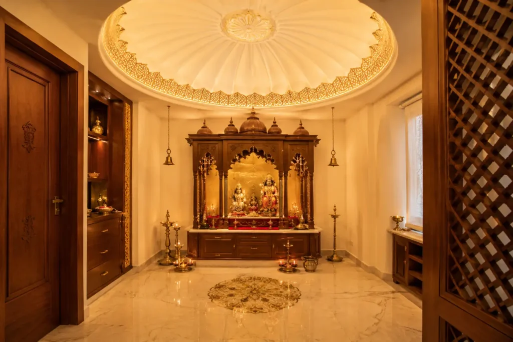 Pooja room ceiling design with a carved POP dome and gold accents in a Bangalore home