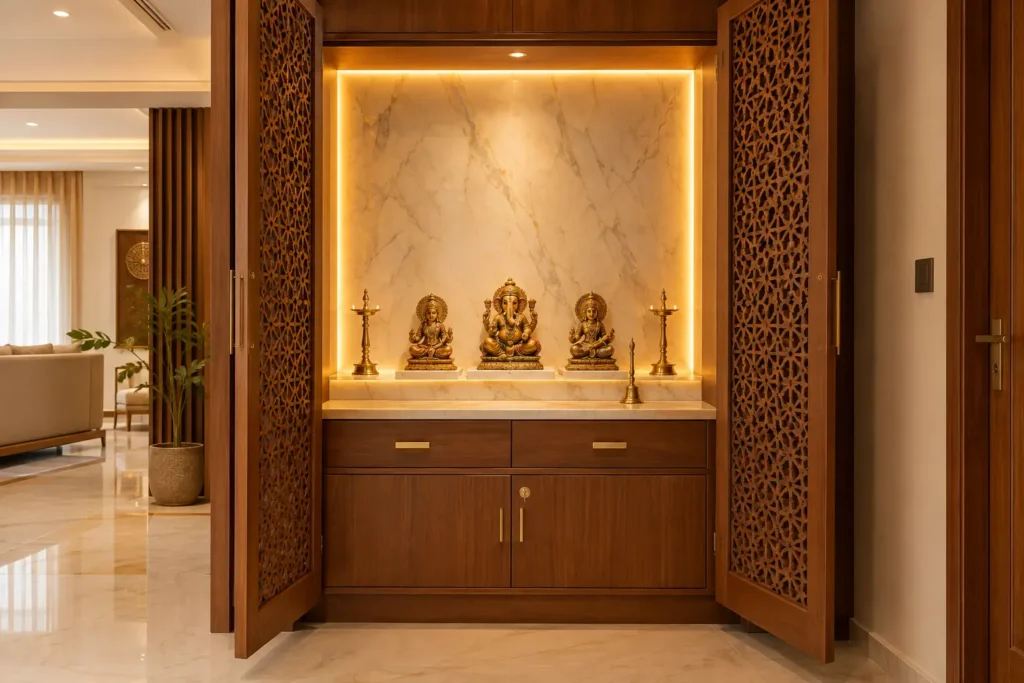 Premium teak wood pooja room cupboard design with brass hardware, concealed drawers, backlit marble back panel, and brass diya in a Bangalore luxury apartment
